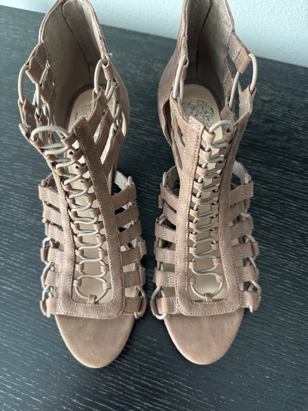 Vince Camuto Taupe Tan Elanso Cage Lace-Up High Heeled Sandals